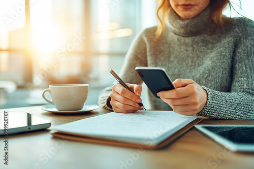 Woman using smartphone and writing notes in a cozy setting with warm light.