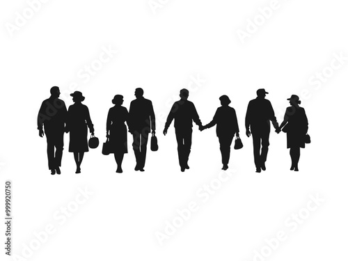 Senior couple walking vector. Set of old couple walking silhouette isolated on a white background.