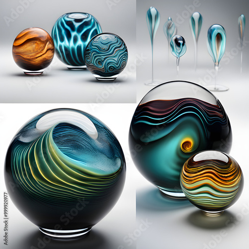 The swirling patterns inside the glass spheres resemble cosmic nebulae or underwater currents, making these pieces of art feel alive and ever-changing in their fluidity, perfect for avant-garde collec photo