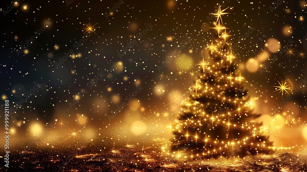 Naklejka premium Elegant Christmas tree in golden lights. Copy space