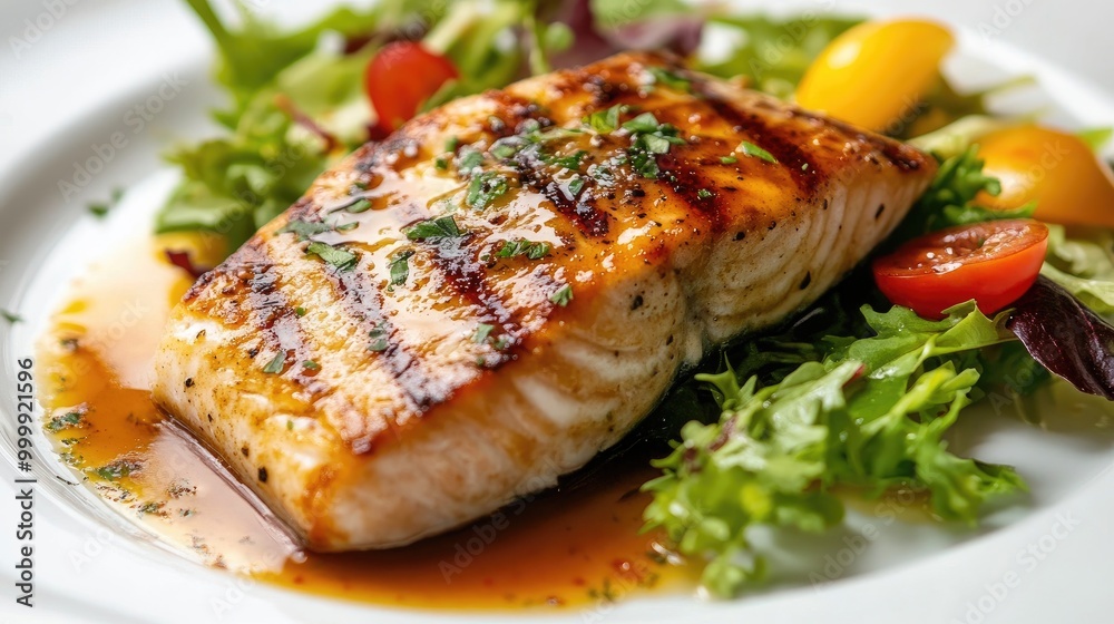 A tempting image of a fish steak drizzled with a tangy sauce, accompanied by a colorful salad, highlighting the balance of flavors and healthy dining options. A tempting image of a fish steak drizzled with a tangy sauce, accompanied by a colorful salad, highlighting the balance of flavors and healthy dining options.