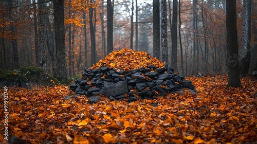 Wallpaper Mural A vibrant autumn scene in the wilderness, with a large pile of fallen leaves creating a focal point the colorful woods and falling leaves offer a perfect space for text Torontodigital.ca