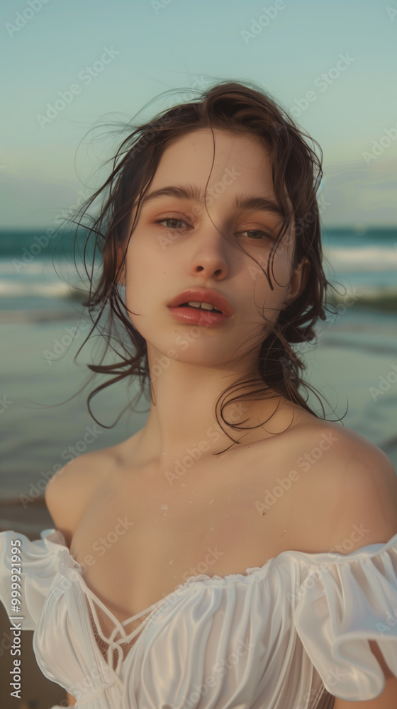 A beautiful woman stands by the shore, her hair tousled by the ocean breeze and crashing waves A beautiful woman stands by the shore, her hair tousled by the ocean breeze and crashing waves