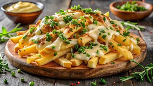 Crispy French fries smothered in rich melted cheese, beautifully garnished with fresh herbs and spices for an