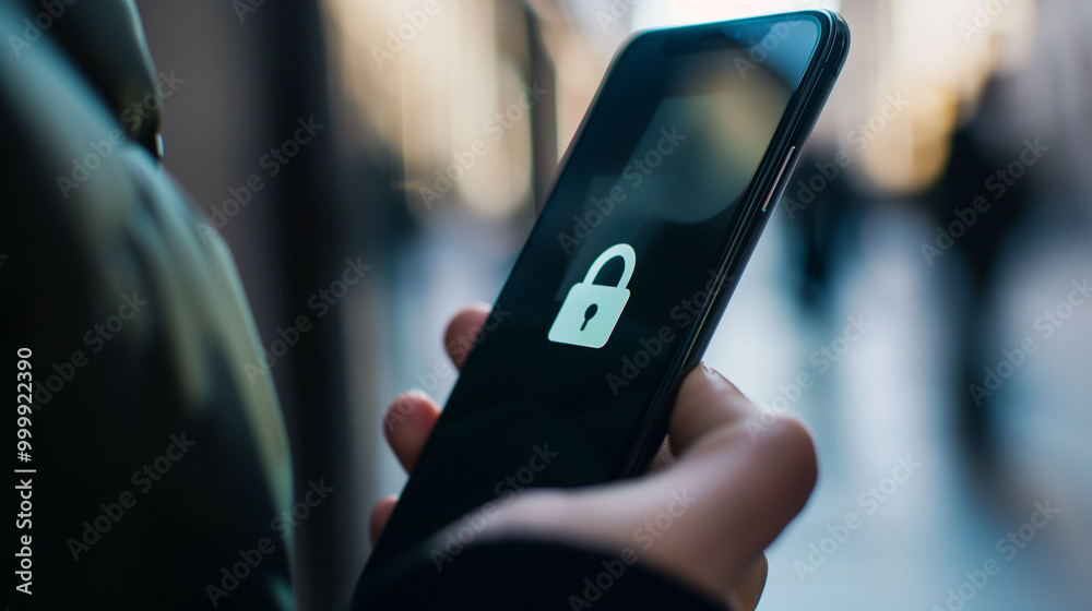 Close-up of smartphone screen with privacy lock icon and hand partially covering it, highlighting the significance of phone security and personal data protection. Close-up of smartphone screen with privacy lock icon and hand partially covering it, highlighting the significance of phone security and personal data protection.