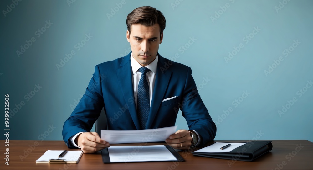 Serious young Caucasian lawyer in a suit reviewing documents against a light beige background