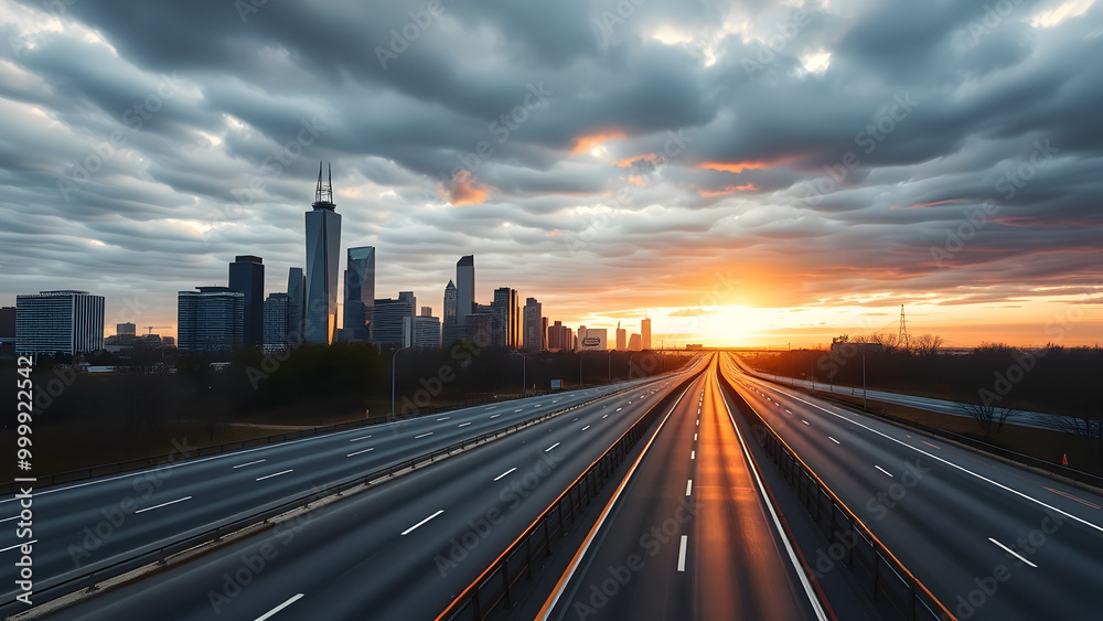 Fototapeta premium Modern city skyline with empty highway at sunrise, Generative AI