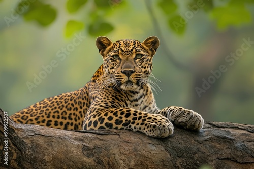wild male leopard or panther or panthera pardus relaxing sitting on tree trunk branch in monsoon season safari and in natural scenic green background.generative ai