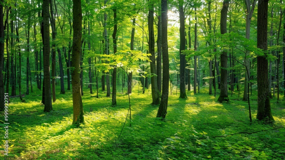 Naklejka premium Sunlight Filtering Through Lush Forest Canopy