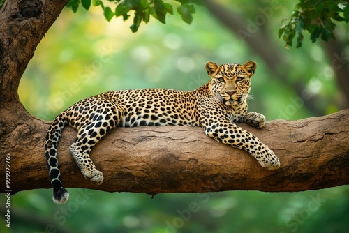 wild male leopard or panther or panthera pardus relaxing sitting on tree trunk branch in monsoon season safari and in natural scenic green background.generative ai