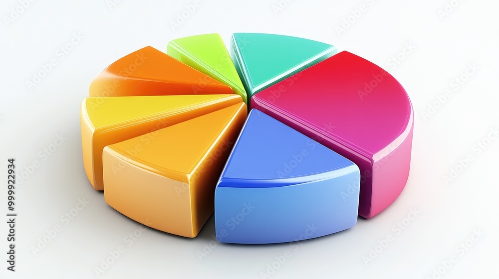 Obraz premium A vibrant 3D pie chart with multiple colorful segments, representing financial data distribution, set against a white background for a clean, modern look.