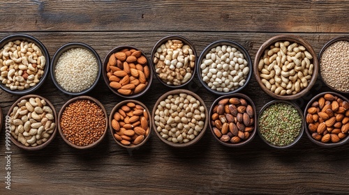 A vibrant display of assorted nuts and grains arranged in bowls on a rustic wooden table, showcasing the variety and natural textures of healthy snacks.