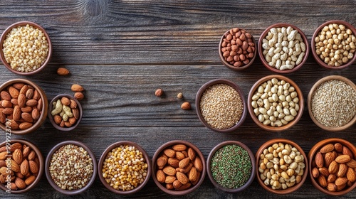 A vibrant display of assorted nuts and grains arranged in bowls on a rustic wooden table, showcasing the variety and natural textures of healthy snacks.