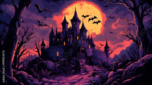 A creepy castle with jagged walls surrounded by bats witches flying over the full moon and ghostly figures moving between the trees in a comic style filled with dark humor