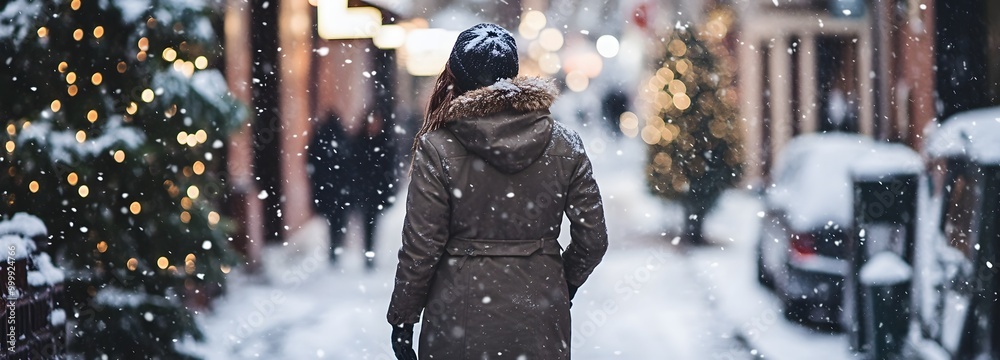 65. A stylish winter coat on a snowy street 65. A stylish winter coat on a snowy street