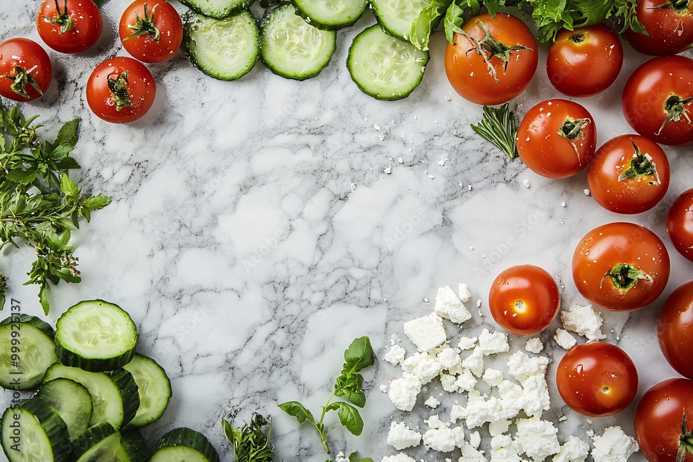 Fresh Greek Salad Ingredients on Marble Surface Fresh Greek Salad Ingredients on Marble Surface
