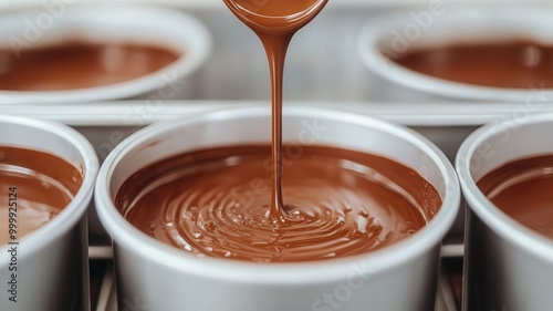 Smooth chocolate batter is poured into round containers, creating a tempting treat ready for baking or serving.