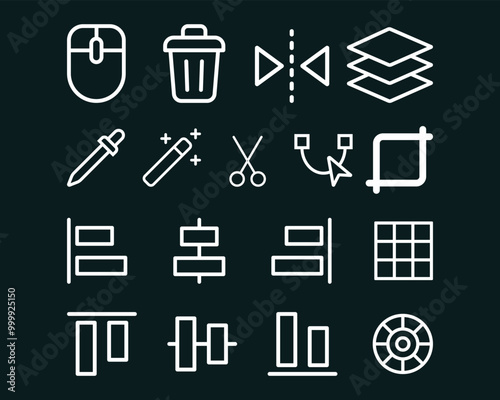 Edit tool icon set. Graphic Design Line Icons Editable Stroke. Trash Bin, Mouse, Mirror, Layer, Alignment, Eye Dropper, Magic Wand, Curve Tool. 