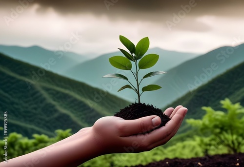 A hand holding a small green plant with fresh leaves against a blurred background of lush green mountains and cloudy sky