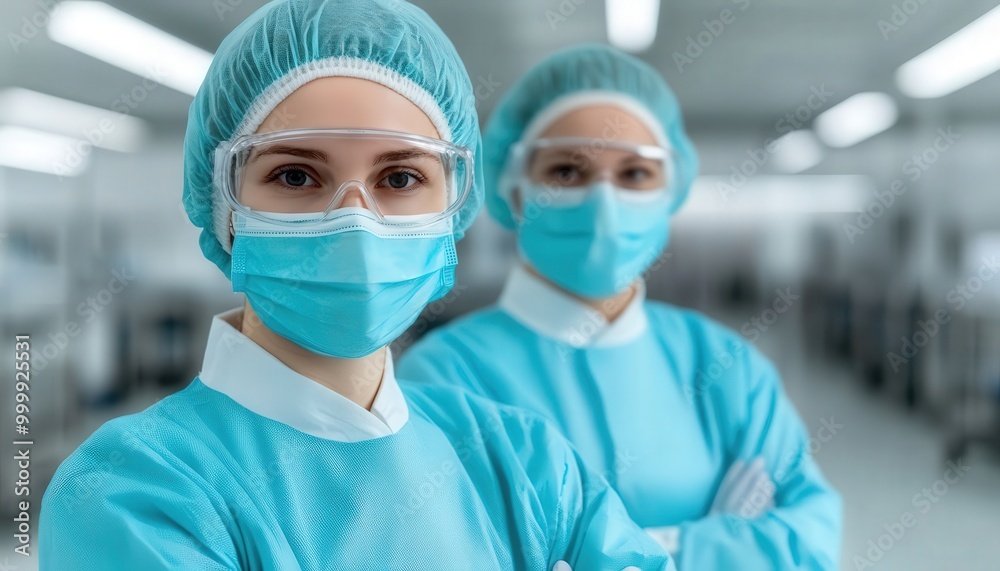 Two healthcare professionals in protective gear and masks, displaying confidence in a clinical environment. Two healthcare professionals in protective gear and masks, displaying confidence in a clinical environment.