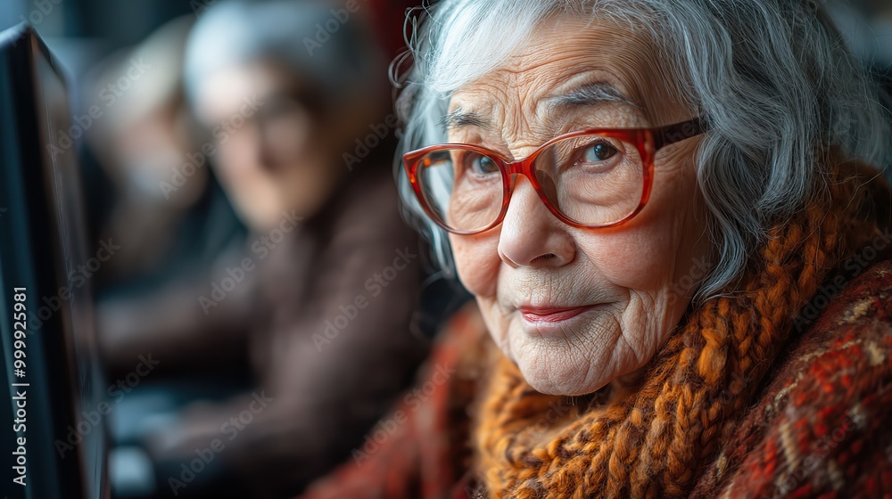 senior group in retirement home learning together in computer class