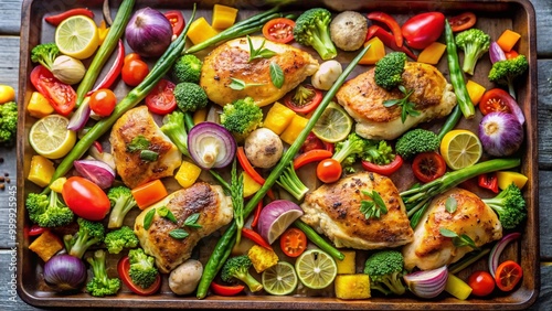 Colorful and Delicious Sheet Pan Meal with Fresh Vegetables and Succulent Chicken on Baking Tray