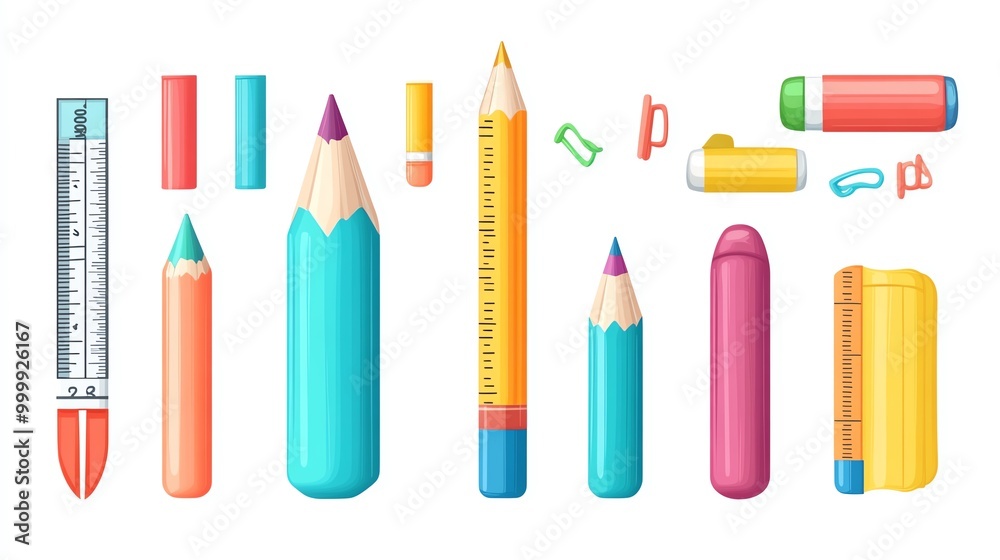Obraz premium A set of colorful school supplies featuring a ruler, glue stick, and colored pencils, in flat style on a white background, Children s School Supplies, Fun and educational