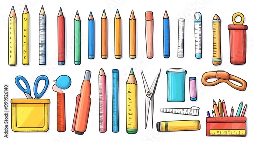 A set of cartoon school supplies such as colored pencils, scissors, glue stick, and ruler, placed on a white background, Kids School Tools, Creative and playful