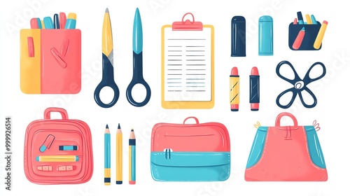 Cute flat of children s stationery such as a pencil case, markers, scissors, and a notebook, on a white background, Kids School Supplies, Colorful and creative