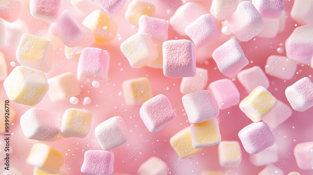 A colorful array of marshmallows floating against a soft pink background, creating a whimsical and playful atmosphere. A colorful array of marshmallows floating against a soft pink background, creating a whimsical and playful atmosphere.