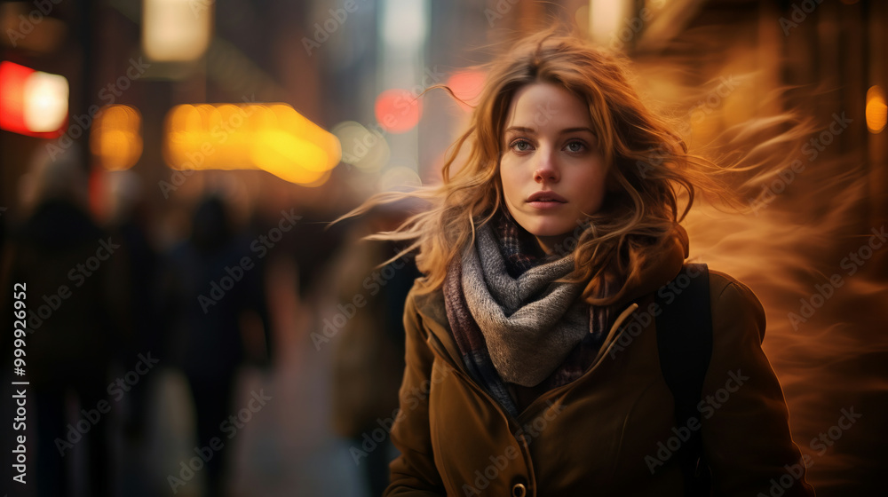Urban portrait of young woman in winter attire, set against bustling city streets with blurred, dynamic background, street photography, woman symbolizing vibrancy and energy of city life Urban portrait of young woman in winter attire, set against bustling city streets with blurred, dynamic background, street photography, woman symbolizing vibrancy and energy of city life