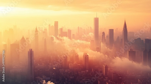 A vivid depiction of a bustling city skyline engulfed in smog and haze, showcasing air pollution and its correlation with global warming, prompting a call for cleaner energy.