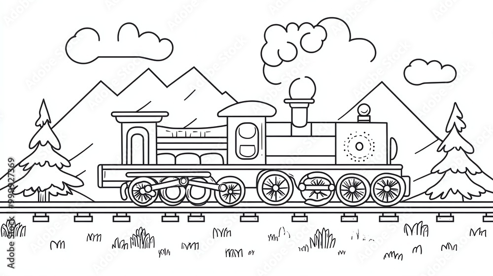 Fototapeta premium A black and white outline drawing of a train.