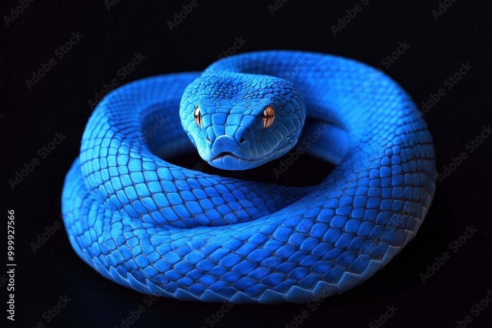 Fototapeta premium 3D Illustration of Blue insularis viper venomous snake isolated in dark black background .generative ai