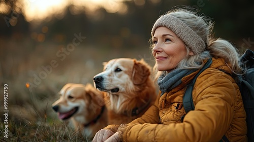 Wallpaper Mural senior woman having break during walking her three dogs in forest Torontodigital.ca