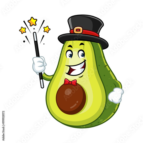 Funny avocado magician cartoon character with magic wand and top hat.