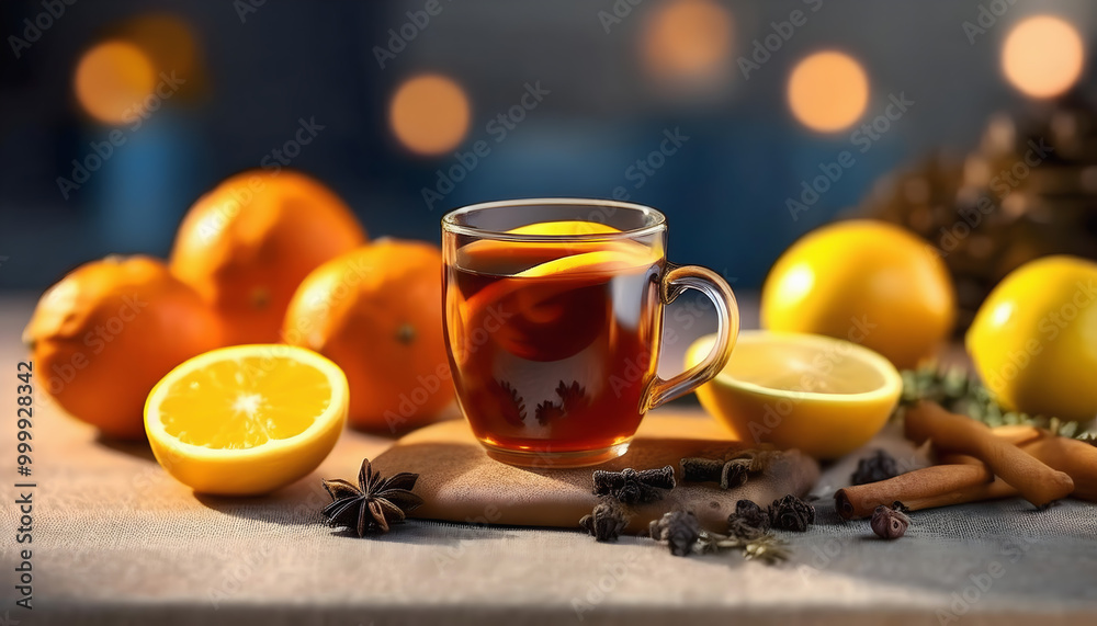 A cup f tea with citrus and cinnamon, anise stars and cloves A cup f tea with citrus and cinnamon, anise stars and cloves