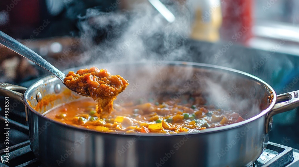 An action shot of a pot of curry bubbling on the stove, with steam rising and a spoonful of vibrant curry paste being added, illustrating the cooking process An action shot of a pot of curry bubbling on the stove, with steam rising and a spoonful of vibrant curry paste being added, illustrating the cooking process