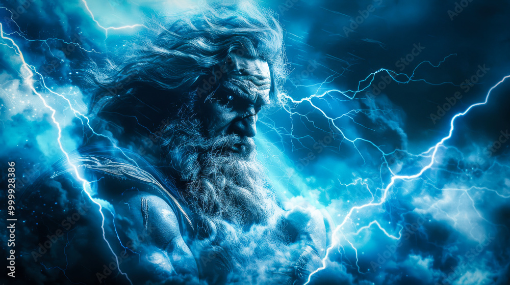 Zeus, the Greek god of thunder, surrounded by lightnings