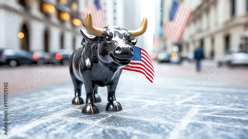 Bull sculpture with American flag in financial district, representing finance, stock market, and investment in New York City.