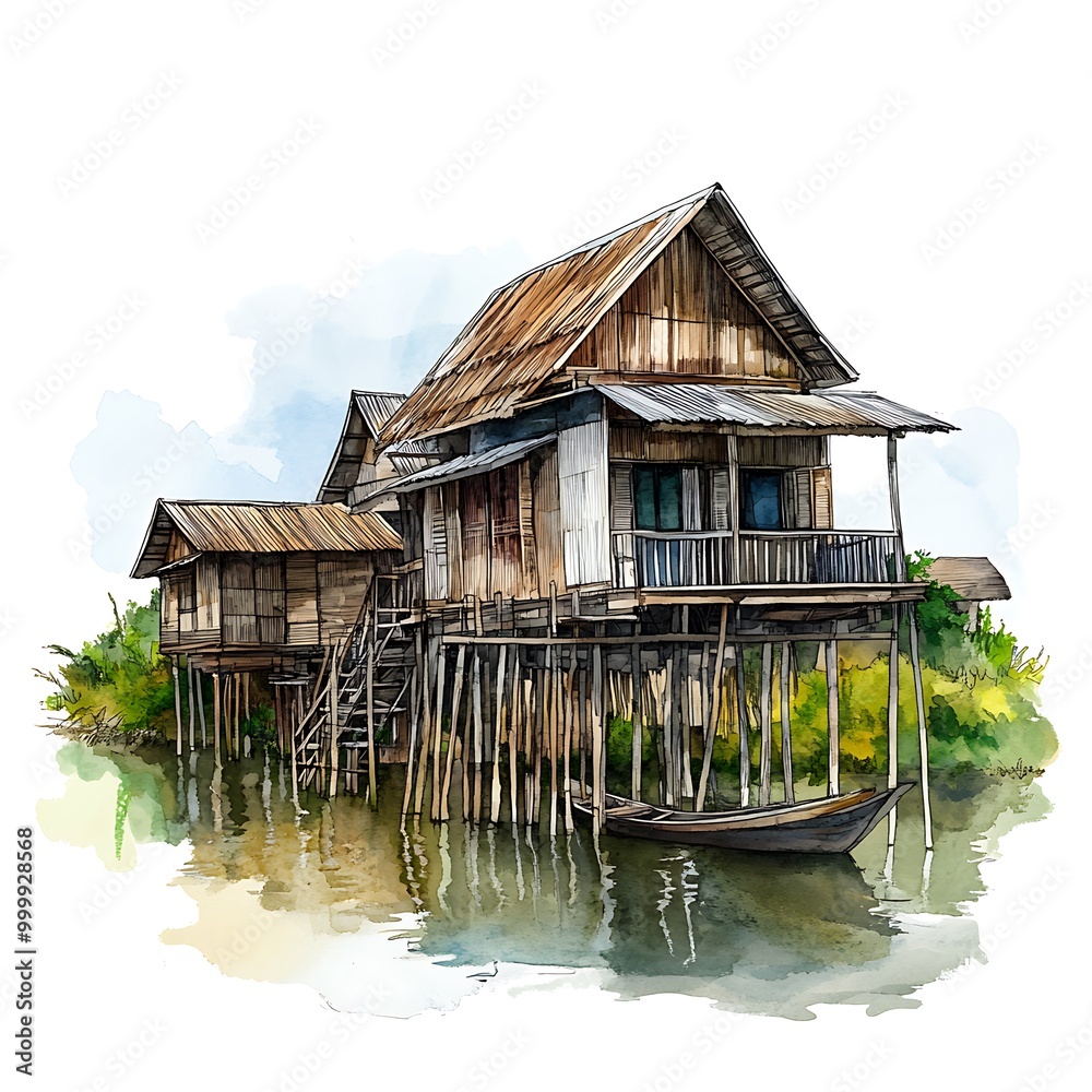 Watercolor Illustration of a Stilt House Over Water. Watercolor Illustration of a Stilt House Over Water.