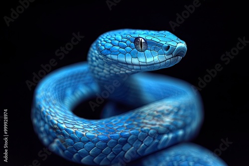 3D Illustration of Blue insularis viper venomous snake isolated in dark black background .generative ai photo