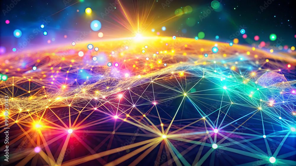 Fototapeta premium vibrant futuristic network visualization radiates bright hues, creating mesmerizing effect as colors shift and blend harmoniously. This captivating scene evokes sense of wonder and innovation