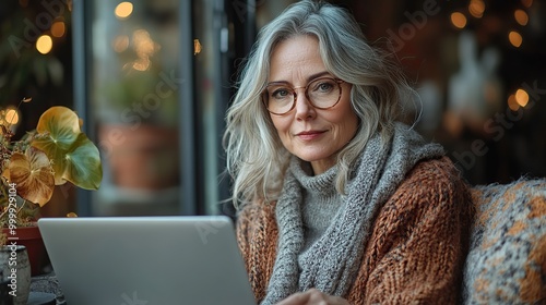 senior woman with laptop sitting outdoors on terrace working