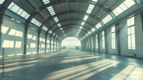 Empty Warehouse Interior with Skylights and Windows