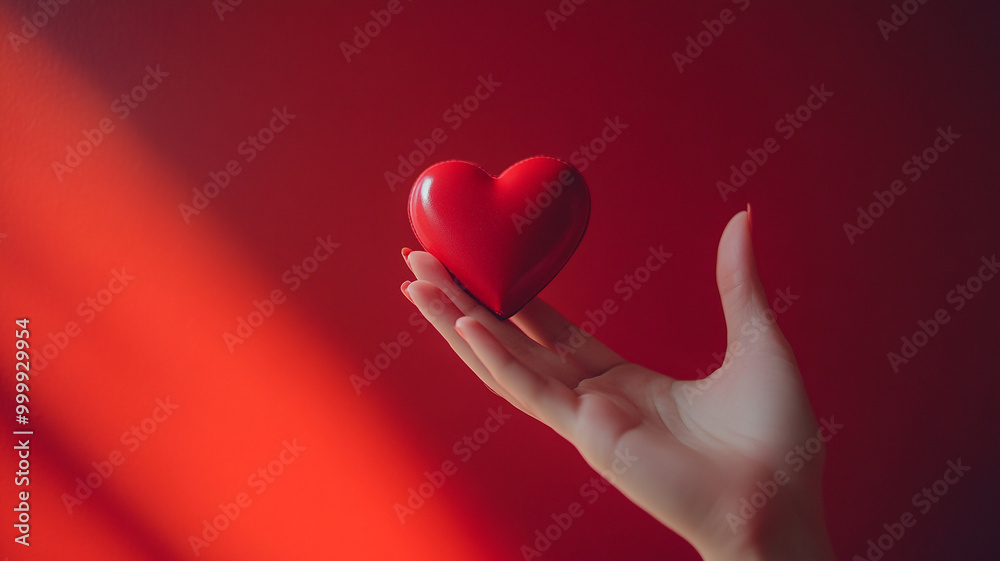 A hand delicately holds a shiny red heart against a vibrant red background during soft lighting A hand delicately holds a shiny red heart against a vibrant red background during soft lighting