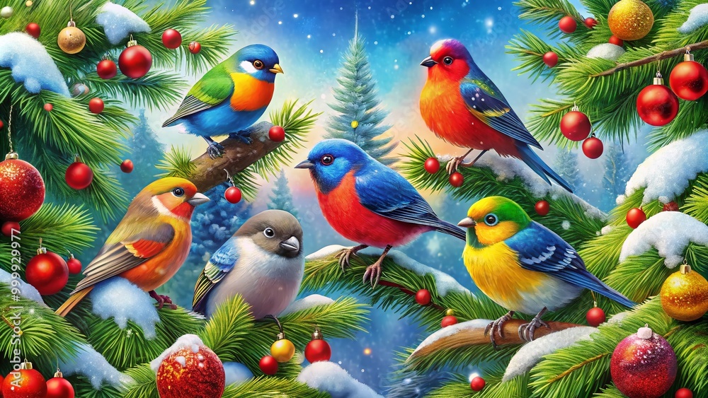 Fototapeta premium Colorful Birds Celebrating the Joy of Christmas Amidst Snowy Pine Branches and Holiday Decorations