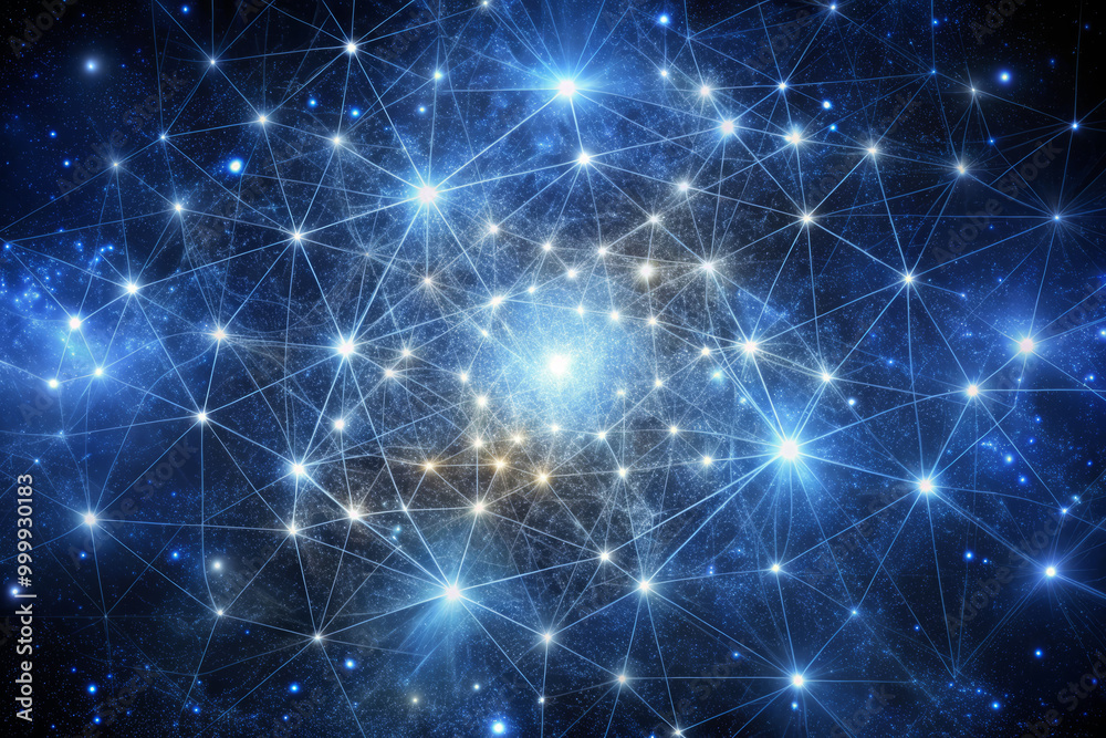 stunning cosmic visualization featuring interconnected nodes radiating soft white light against deep blue background, creating mesmerizing network of stars and galaxies stunning cosmic visualization featuring interconnected nodes radiating soft white light against deep blue background, creating mesmerizing network of stars and galaxies