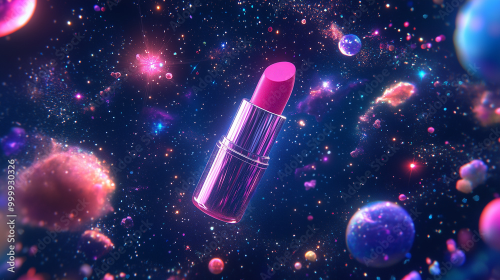 Vibrant lipstick floating in a cosmic space backdrop Vibrant lipstick floating in a cosmic space backdrop