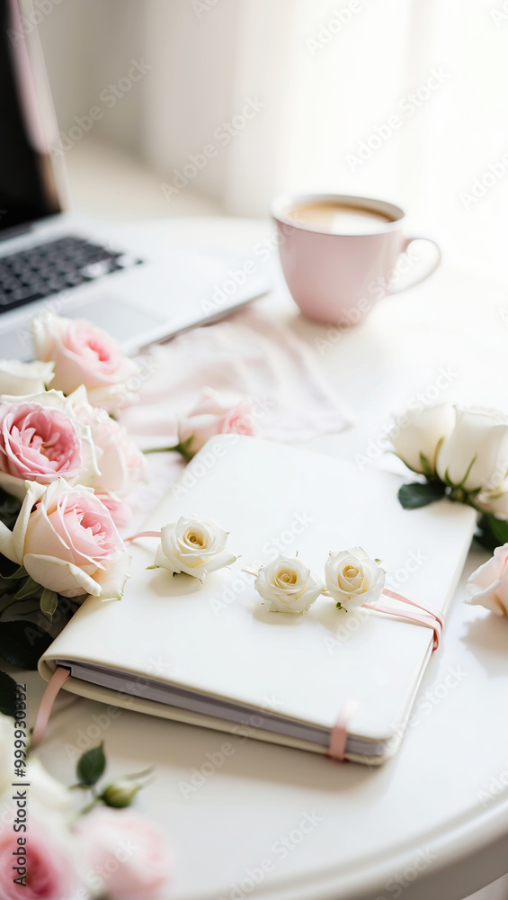 White notebook, laptop, coffee cup, white and pink roses. Feminine theme. White notebook, laptop, coffee cup, white and pink roses. Feminine theme.